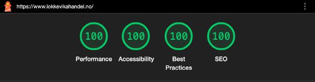 Et skjermbilde av Google Lighthouse som viser 100% på alle parametre.