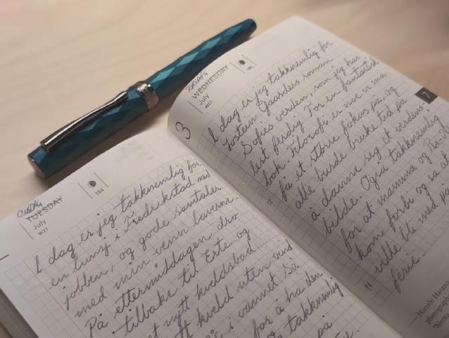 Oppslått notatbok med en fyllepenn liggende over.